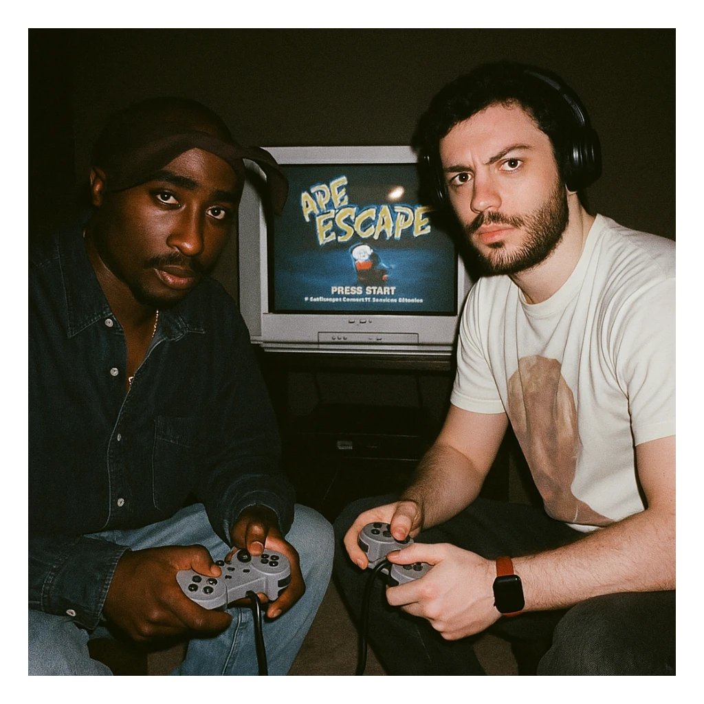 Create a 90s grunge analog photo featuring a famous rapper in Tupac style (not recognizable) and the boy from the reference photo sitting in front of a CRT TV with Ape Escape on Playstation 1. The room is dark, both hold controllers, and they look at the camera with flash on, creating a retro atmosphere. sticker
