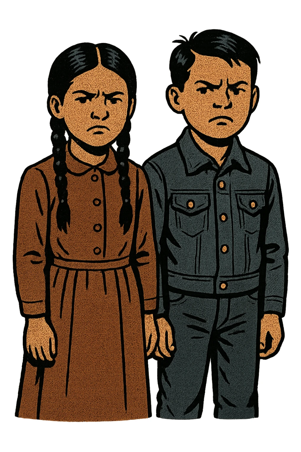 A native american boy and girl standing next to each other dressed in American style clothing from the 1880s in the Carlisle Indian School looking unhappy.  sticker