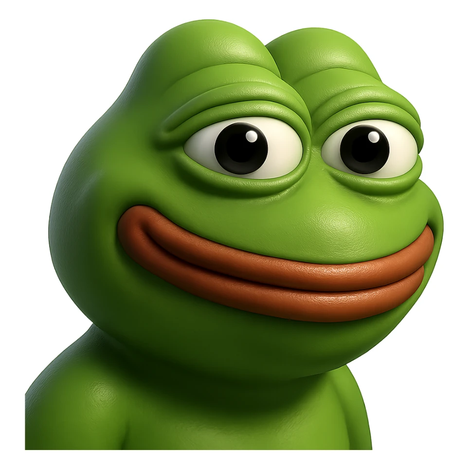 pepe in
- 3d style
- bright green
- smiling
- looking straight at the camera
- good highlights and shadows
- 30deg angled towards the left sticker