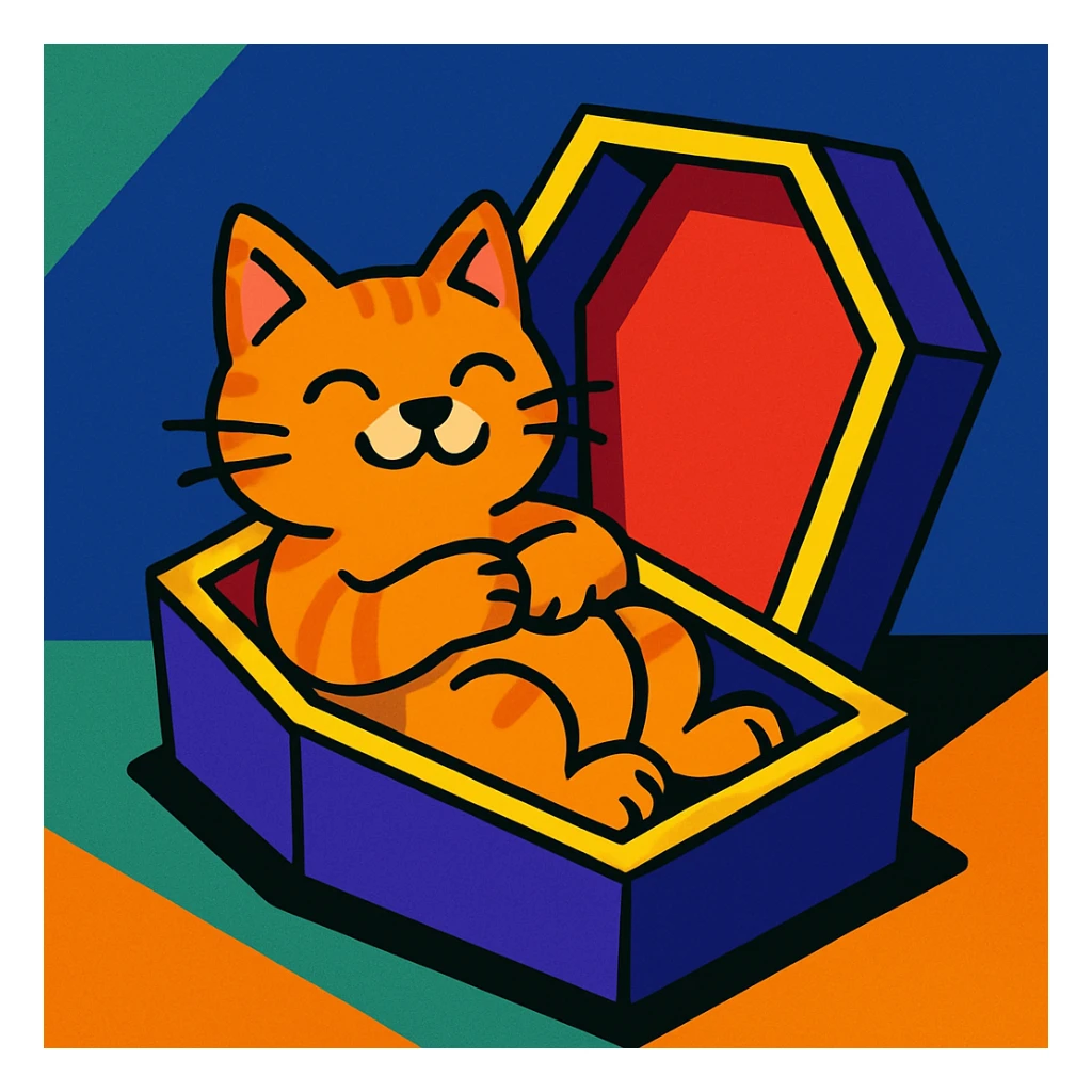 a cat in a coffin, vibrant cartoon style sticker