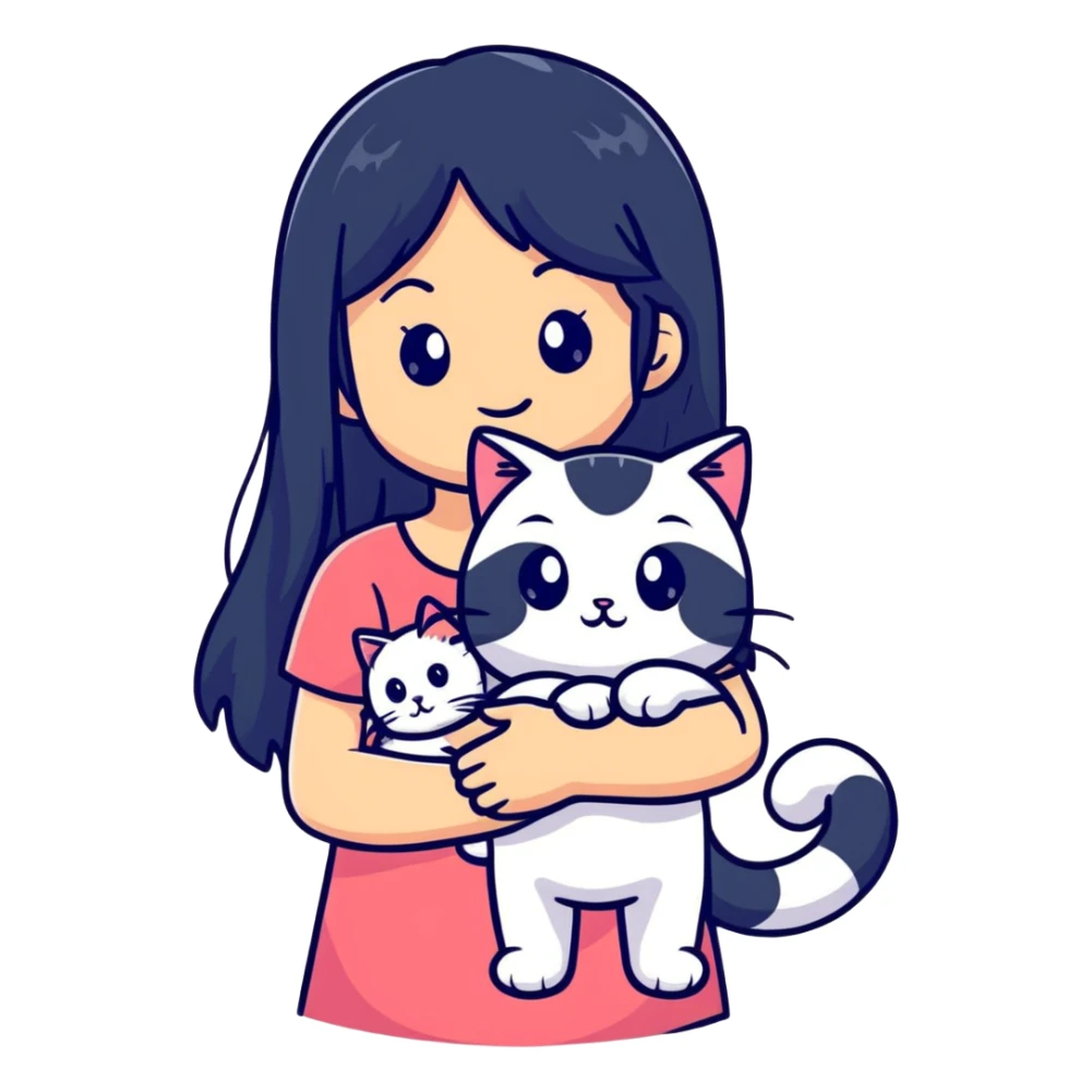 girl with long black hair holding a ginger cat sticker