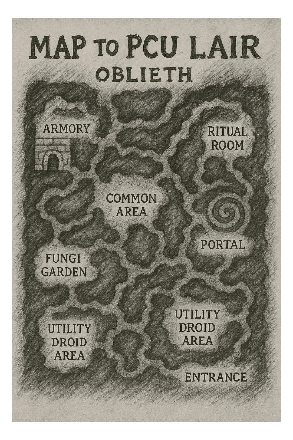 a hand drawn map of how to navigate the Oblieth cave system to find the PCU Lair sticker