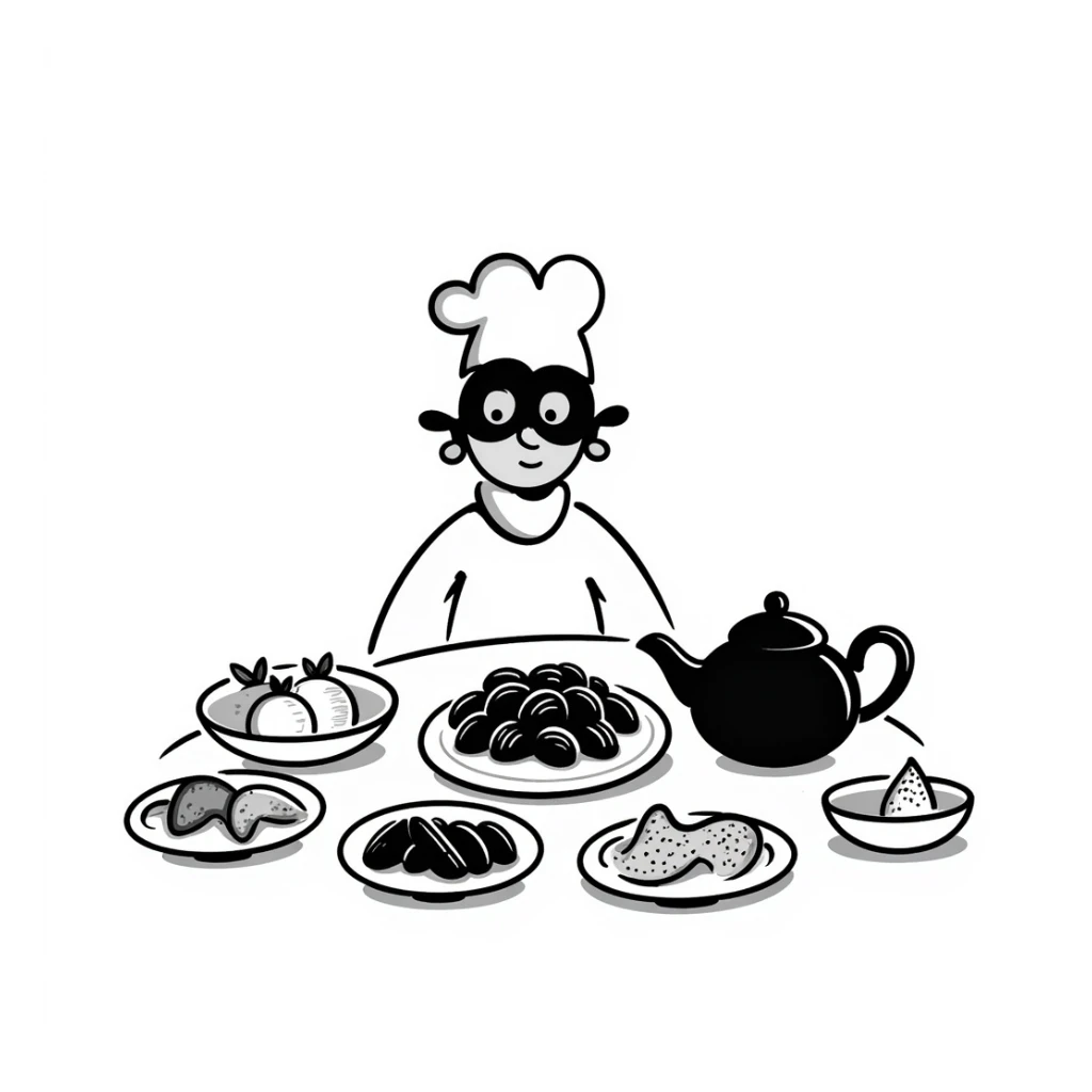 black doodle of a festive iftar table with a burrito character wearing a bandit mask, labeled 'Tung tung iftar ile bobrito bandito' sticker