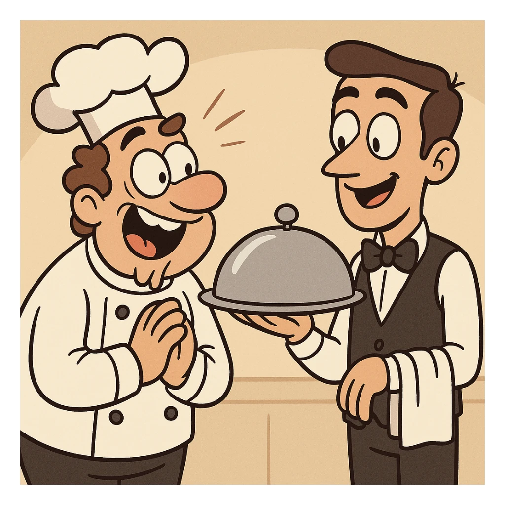 a hungry chef looking eagerly at a waiter holding a covered dish, playful and expressive, simple background sticker