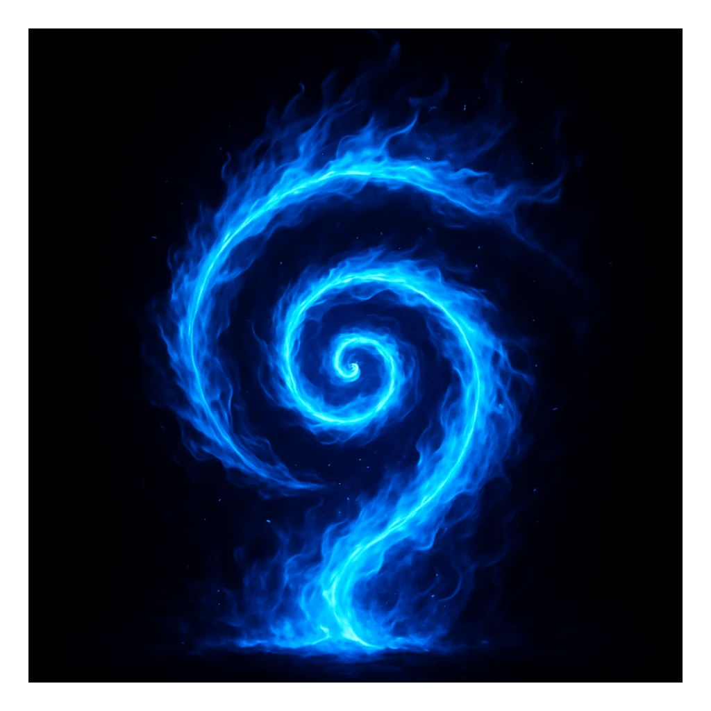 a spiral-shaped flame made of blue fire, glowing, dynamic, visually striking sticker