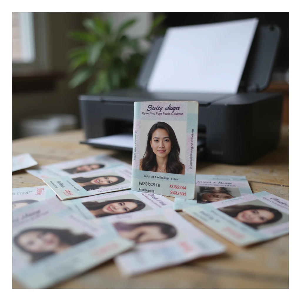 realistic thumbnail for a passport size photo printing service, with a printer and numerous printed passport photos, one photo is enlarged and stands out in the foreground sticker