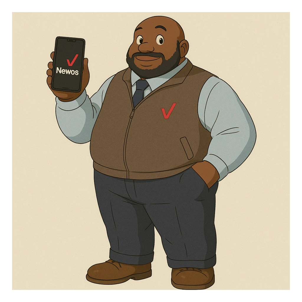 Make the character's skin tone a bit darker, add a clean background, place the Verizon V logo on the sweater vest, and change the text on the phone from 'JUICE' to 'Newos' in a Ghibli-inspired style. sticker