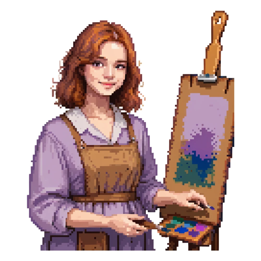 Serene female oil painter, Caucasian features, shoulder-length auburn hair, soft brown eyes, gentle smile, wearing a violet painter’s smock lightly stained with paint over a beige blouse, holding a wooden palette with vibrant colors in one hand and a brush in the other, waist-up, front-facing sticker