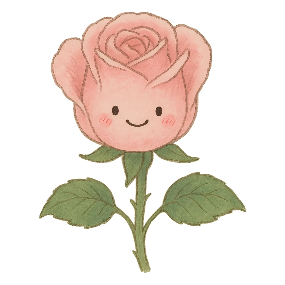 soft pink rose blossom, Japanese kawaii hand-drawn, full object, transparent background, with a gentle smile sticker