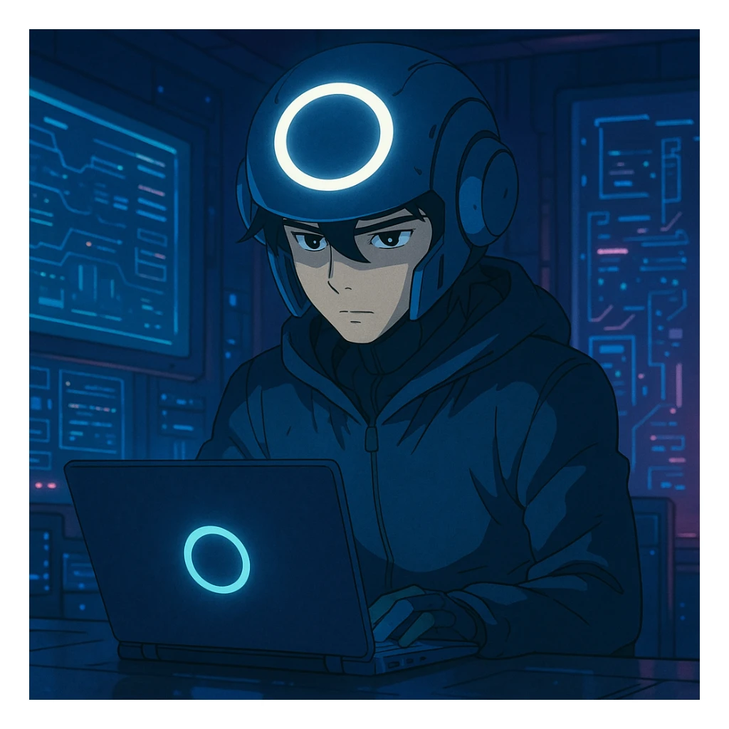 ghibli style futuristic tech boy with robot helmet, glowing white circle, high-tech laptop, neon cyberpunk room, holographic displays, focused, mysterious sticker