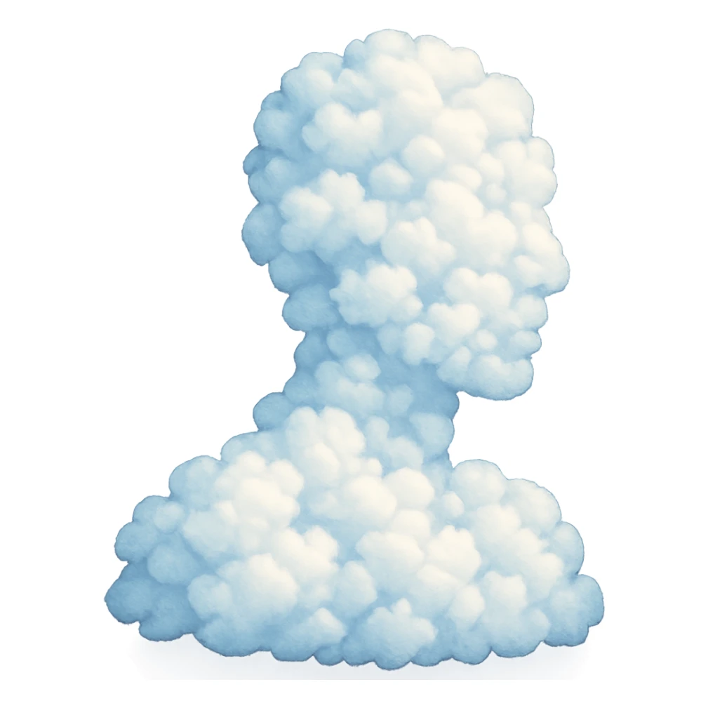 a person from shoulders up composed of many small clouds, bright and recognizable, no text sticker