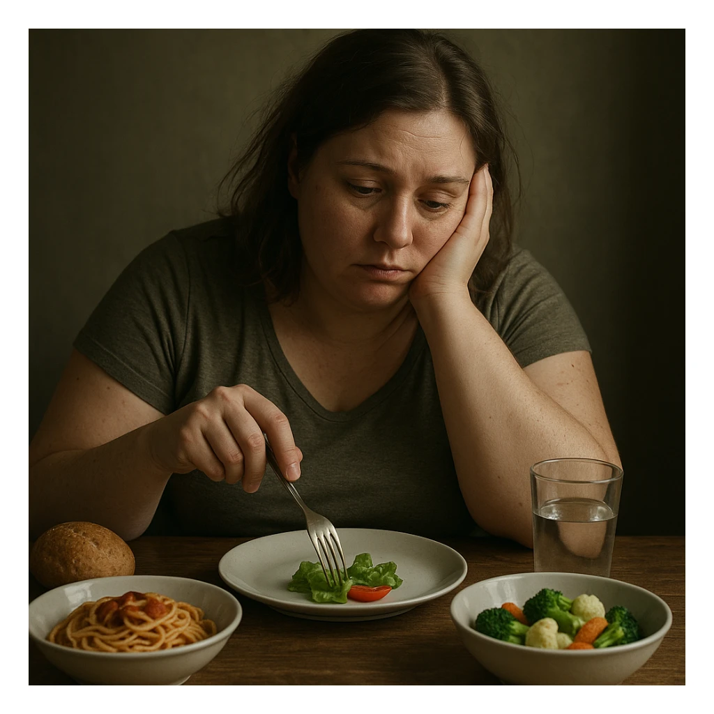 hyper realistic woman who lost confidence and time due to poor diet results, disappointed and tired expression, melancholic atmosphere, realistic details, scene at table with food sticker