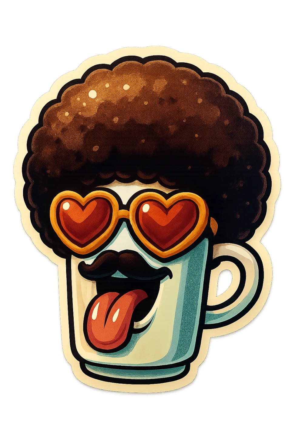 Tall coffee cupp, afro, heart glasses, big heart eyes, tounge rolled out sticker