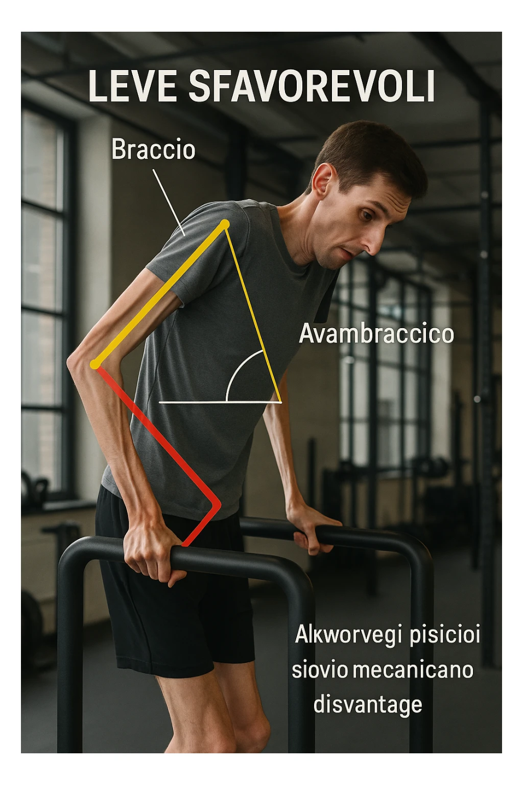 a tall, lean man with very long arms and a short torso attempts a dip on parallel bars. His elbows are deeply bent and his body appears awkwardly positioned, highlighting the mechanical disadvantage. An overlay shows anatomical lines and angles, with labels explaining “Leve Sfavorevoli” The background is a modern gym, with a focus on biomechanics. in italiano sticker