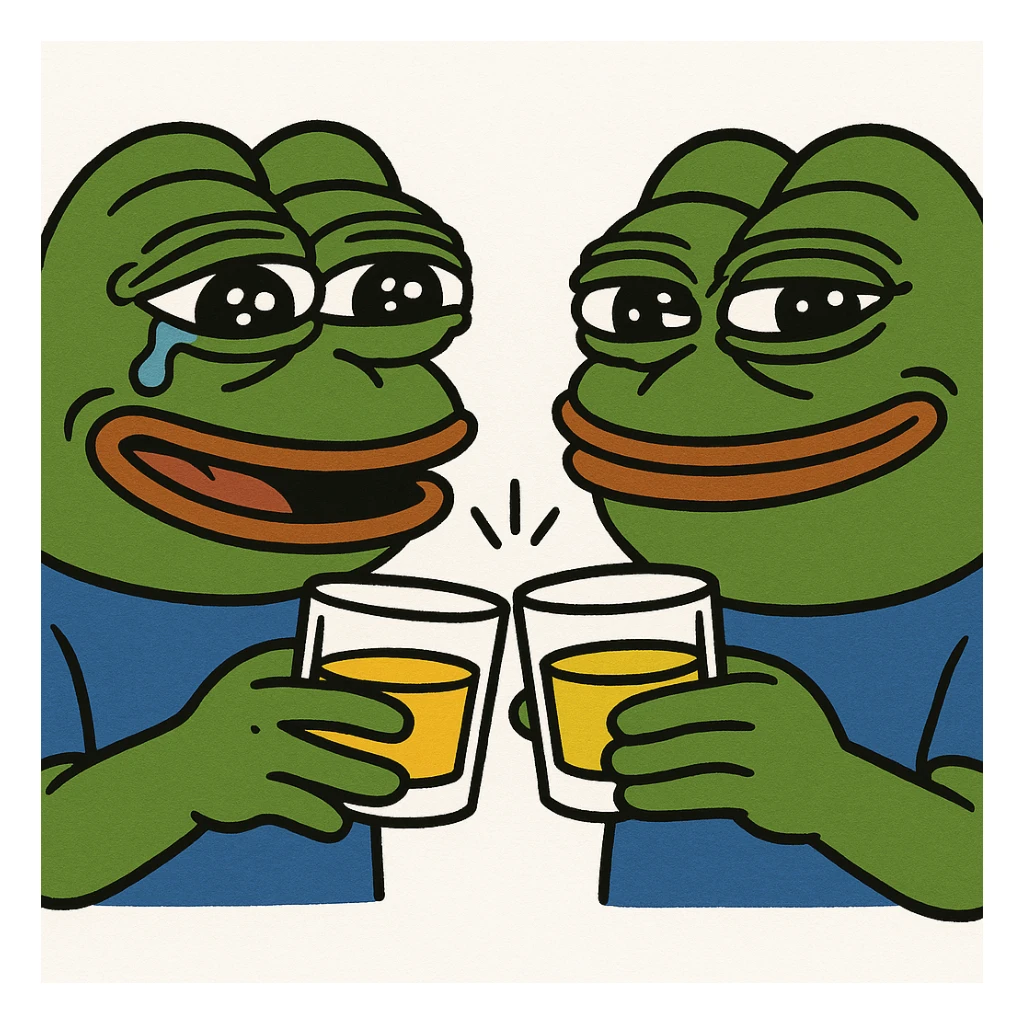 Pepe the Frog clinking whiskey glasses with another Pepe, in pepe meme style sticker