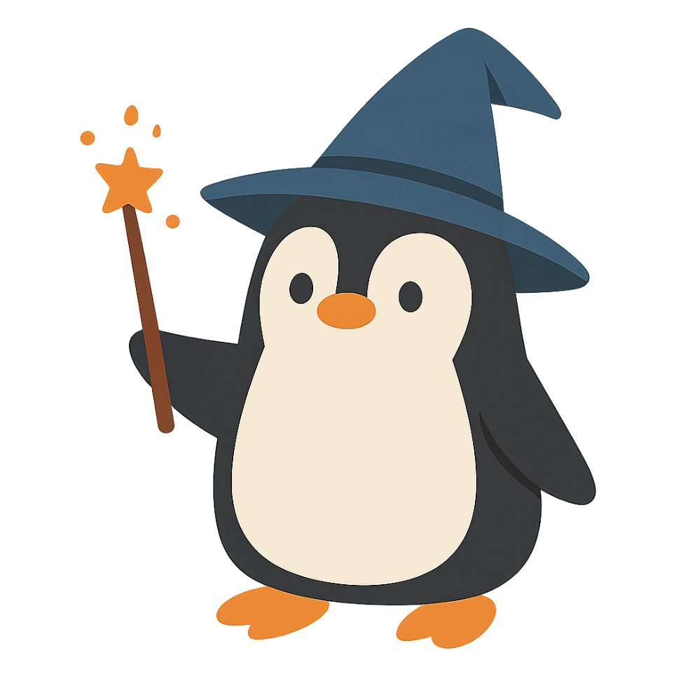 flat toon style penguin wizard with a pointy hat and wand sticker