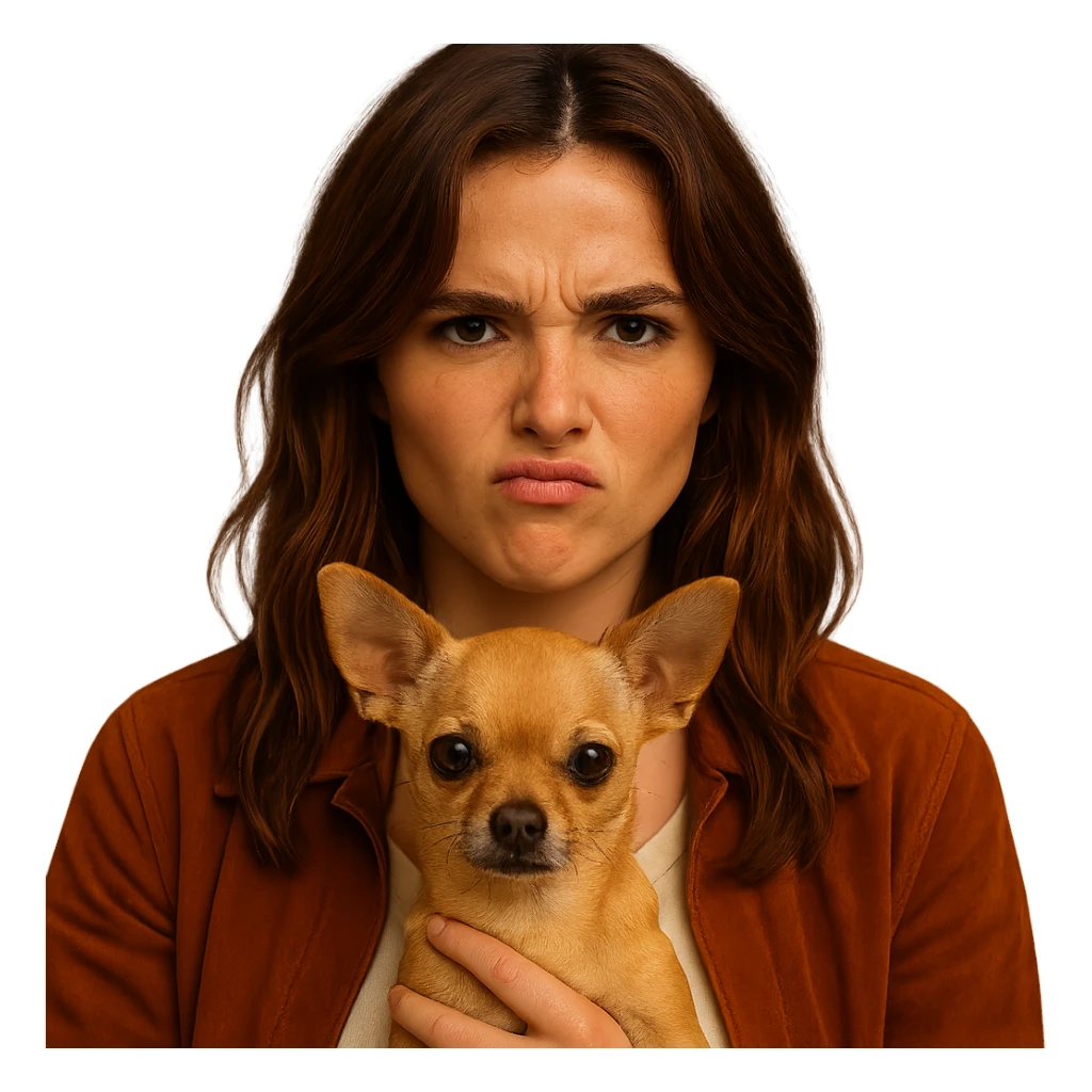 Create a centered portrait for an Instagram profile inspired by the facial features visible in the reference images of Zoe Deutch. The subject has a tanned complexion with subtle freckles, wearing a shirt in color #FFF8CA and a rust-colored jacket. Hair is medium-length brown with auburn highlights. The expression is rebellious and playful. The subject is holding an expressive and cute beige-brown chihuahua. The style is inspired by a Netflix series with an intimate and expressive atmosphere reminiscent of Tenerife. The background should be transparent. sticker