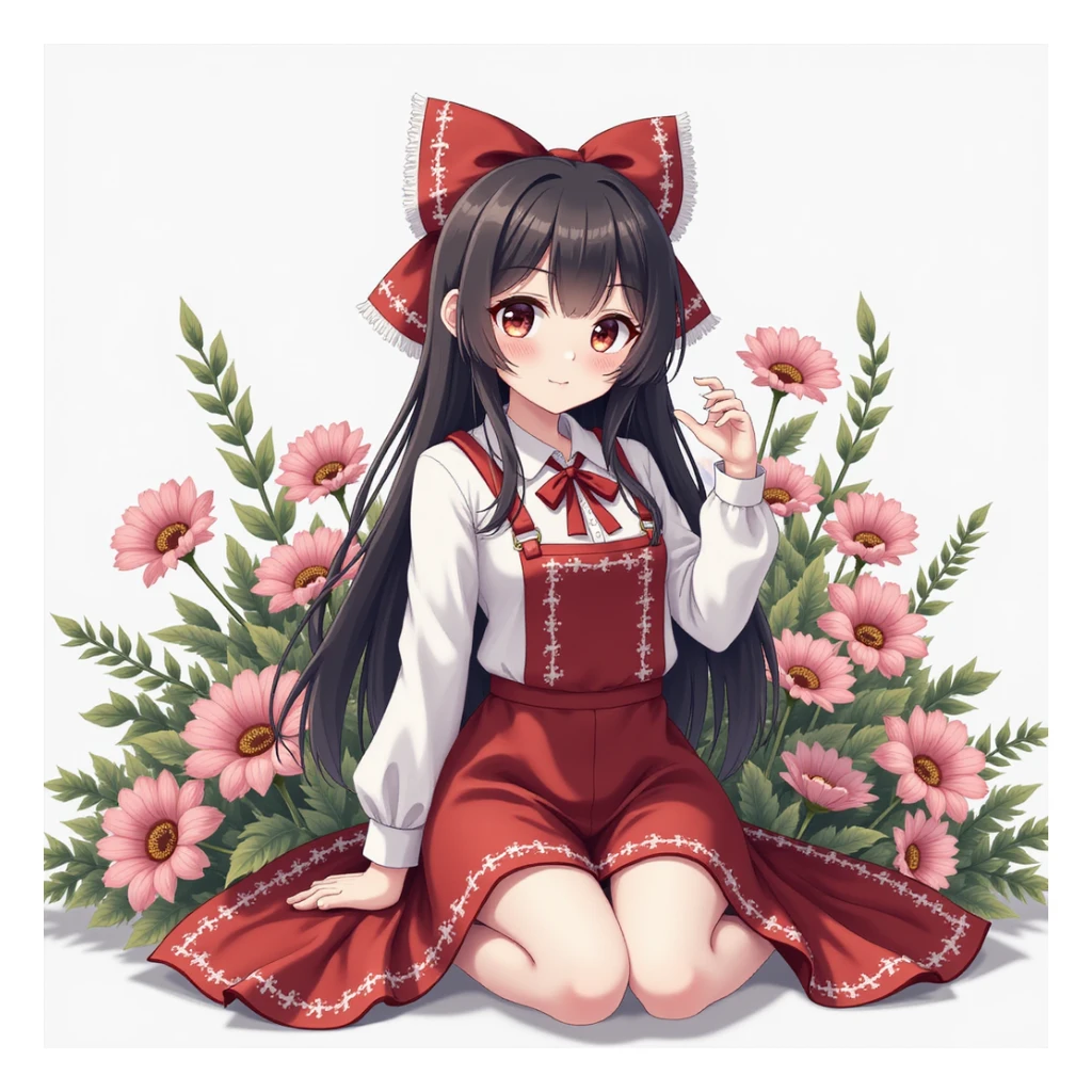Kuromi character, photorealistic style, sitting pose, surrounded by real flowers sticker
