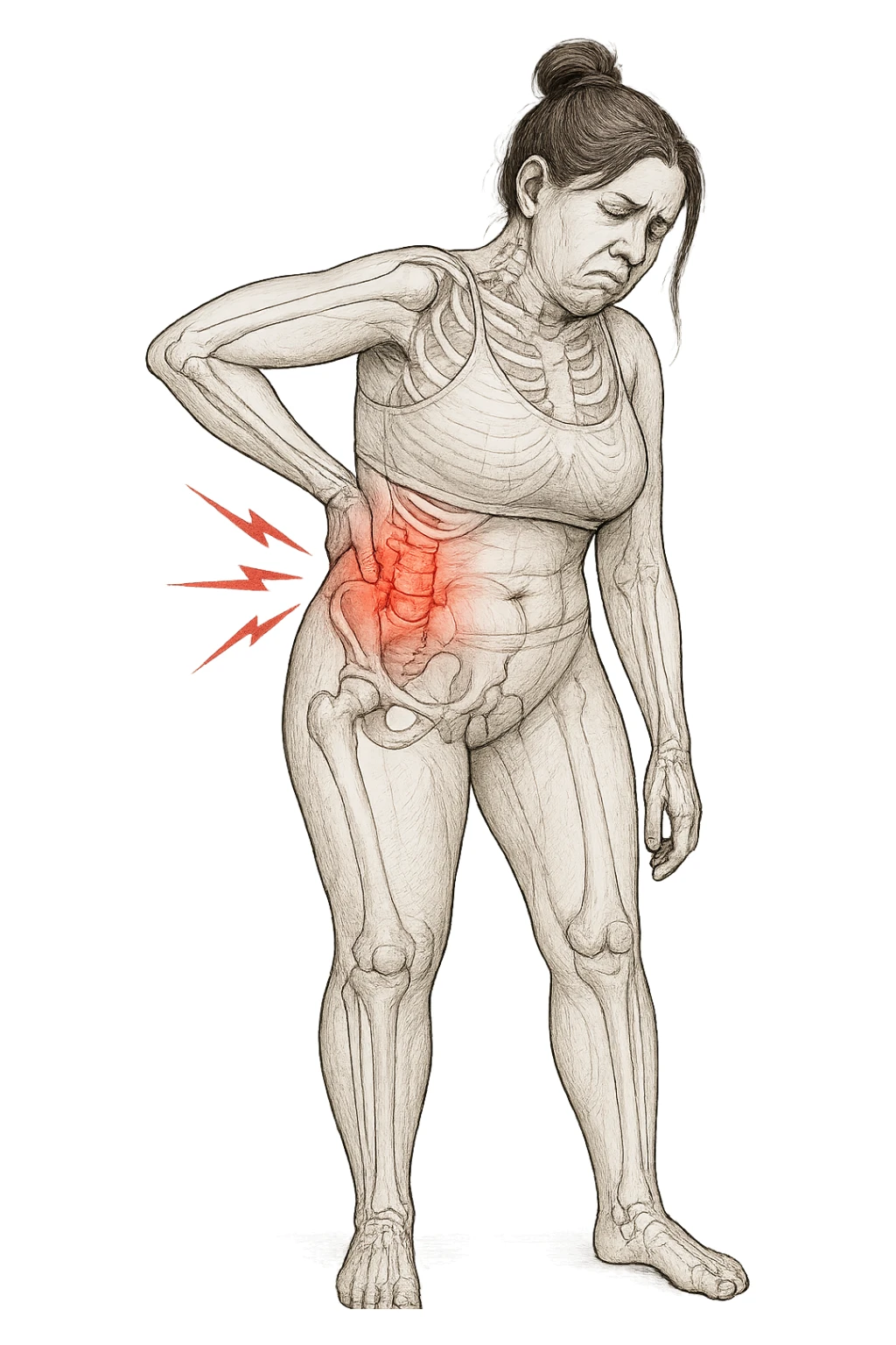 a woman in her 30s  holding her lower back with a pained expression. Subtle visual cues, like uneven shoulders or hips, hint at postural asymmetry. symbolizing chronic pain over the years. vista anatomicamente sticker