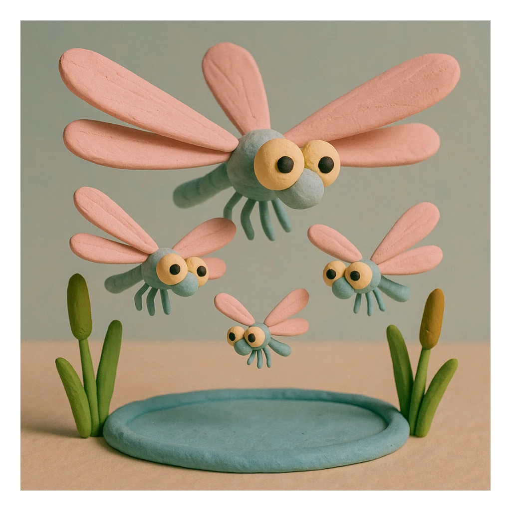 claymation style dragonfly family, two large and two small dragonflies hovering together above a pond, soft pastel colors, playful and gentle scene sticker