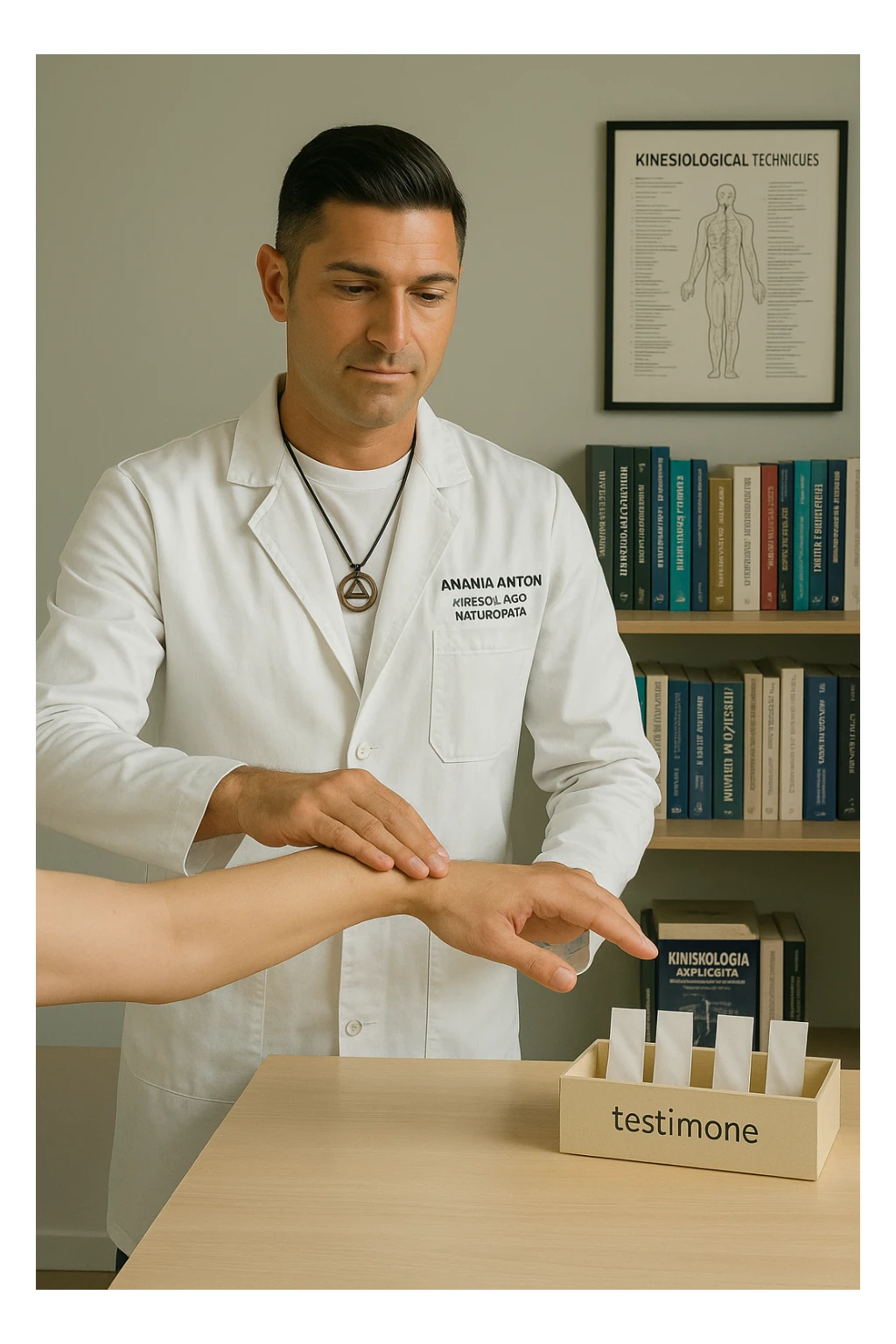 a middle-aged man in a calm, well-lit studio, wearing casual professional attire, performs a classic muscle test on a client’s outstretched arm. On a nearby table, there are small envelopes or vials labeled “testimone” representing samples or objects connected to a distant person. The atmosphere is focused and serene, with books and charts about kinesiological techniques in the background. sticker
