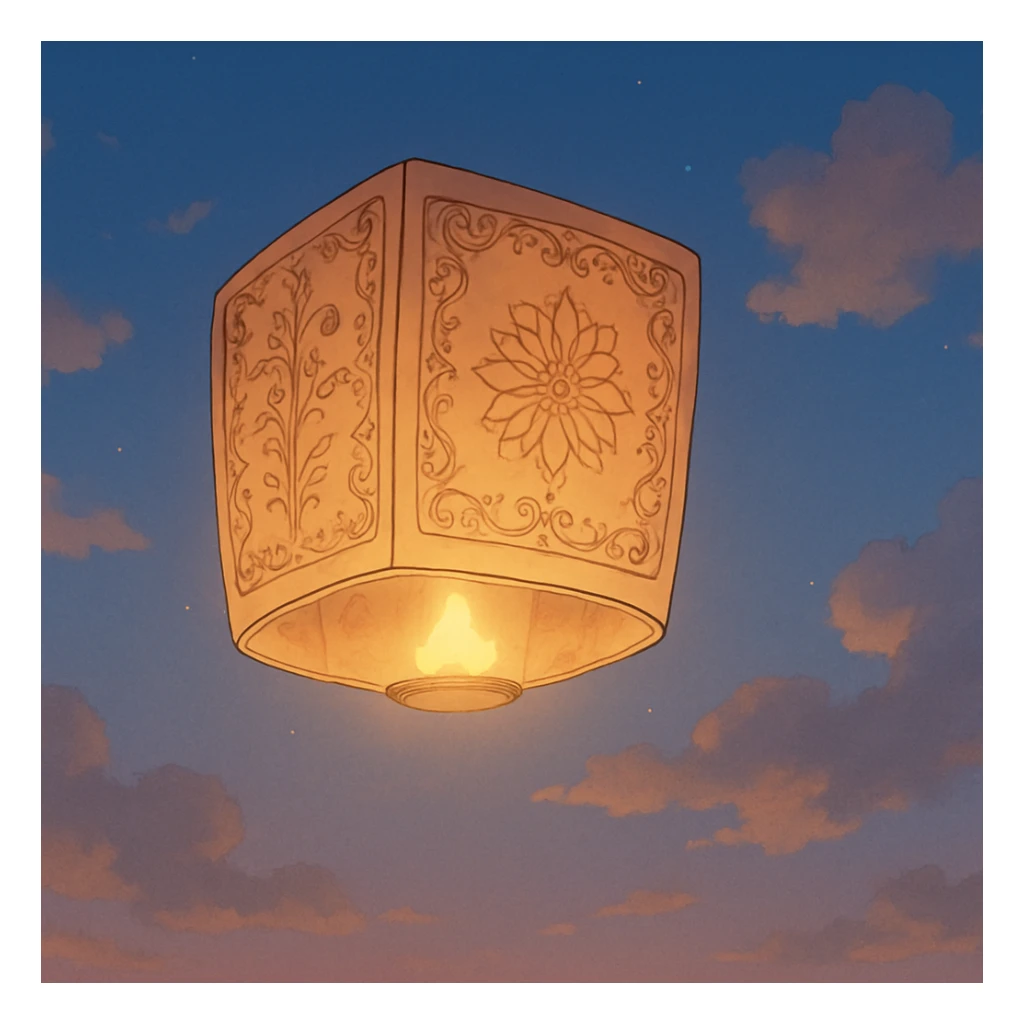 a floating lantern glowing softly at dusk, ghibli style sticker