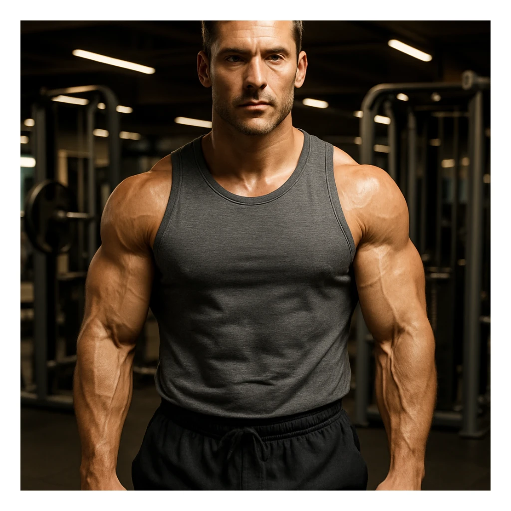 A 35-year-old bodybuilder con equilibrio su uso di sostanze e non. immagine iper realistica sticker