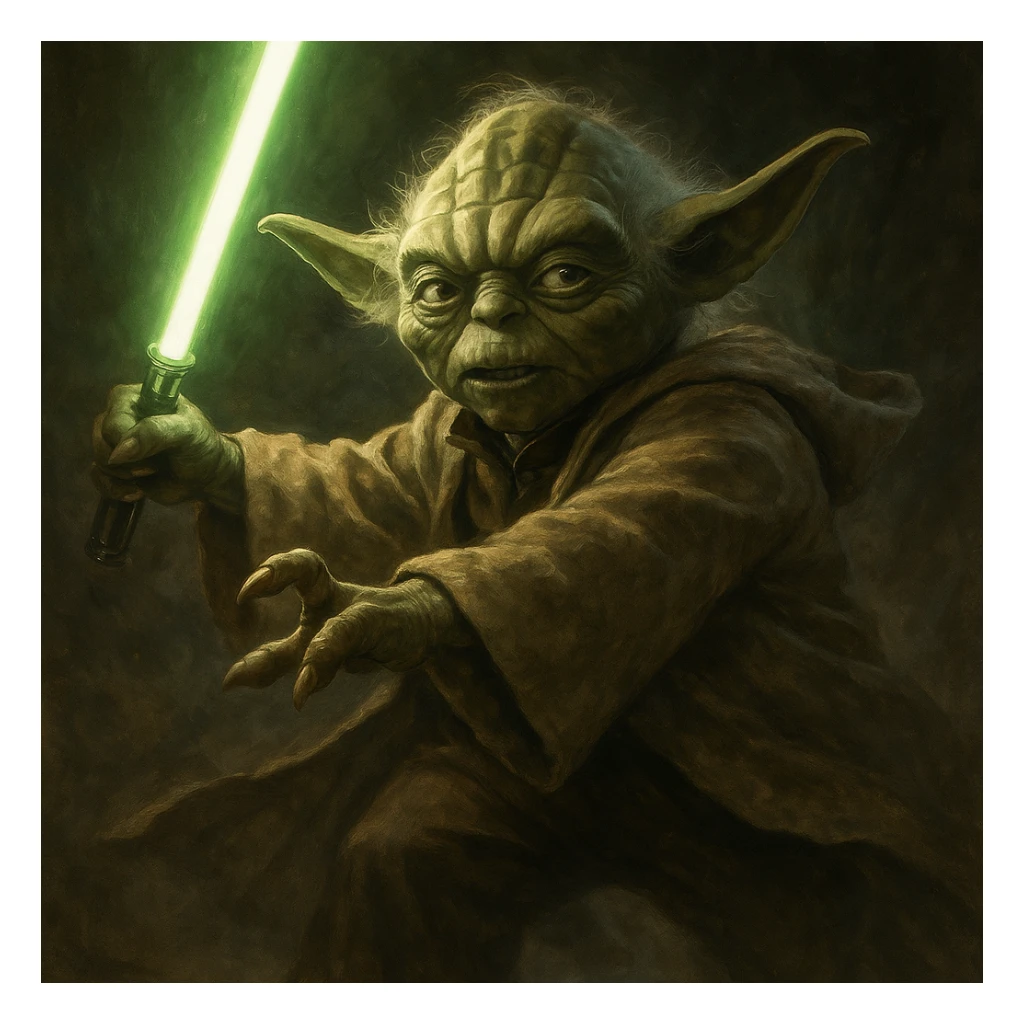 Master Yoda from Revenge of the Sith, dynamic pose, holding a green lightsaber, dramatic lighting, cinematic style, detailed illustration sticker
