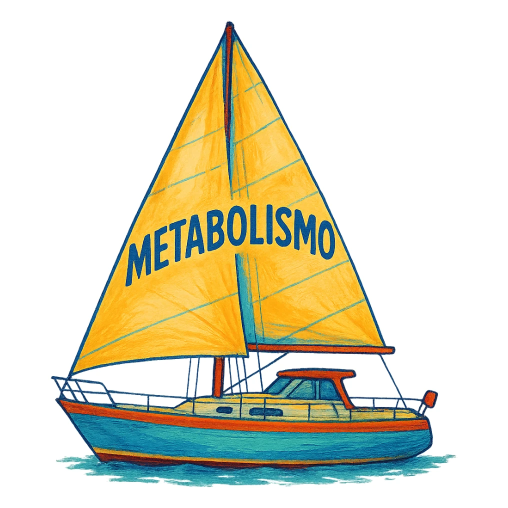 modern sailboat on isolated white background with the word 'Metabolismo' written large on the sail, illustrative style, vibrant colors, 4K resolution sticker