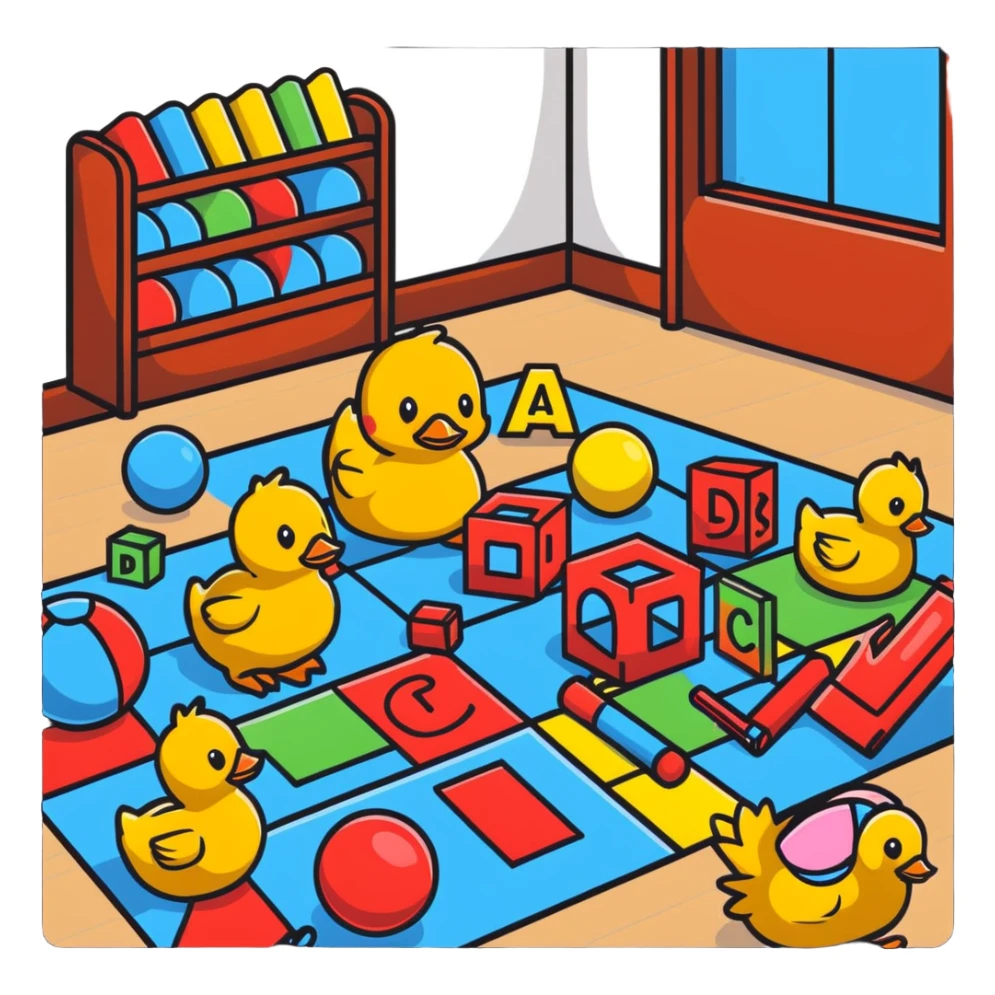 playroom floor with scattered toys - plush teddy, rubber duck, alphabet blocks, bouncy ball, action figures sticker