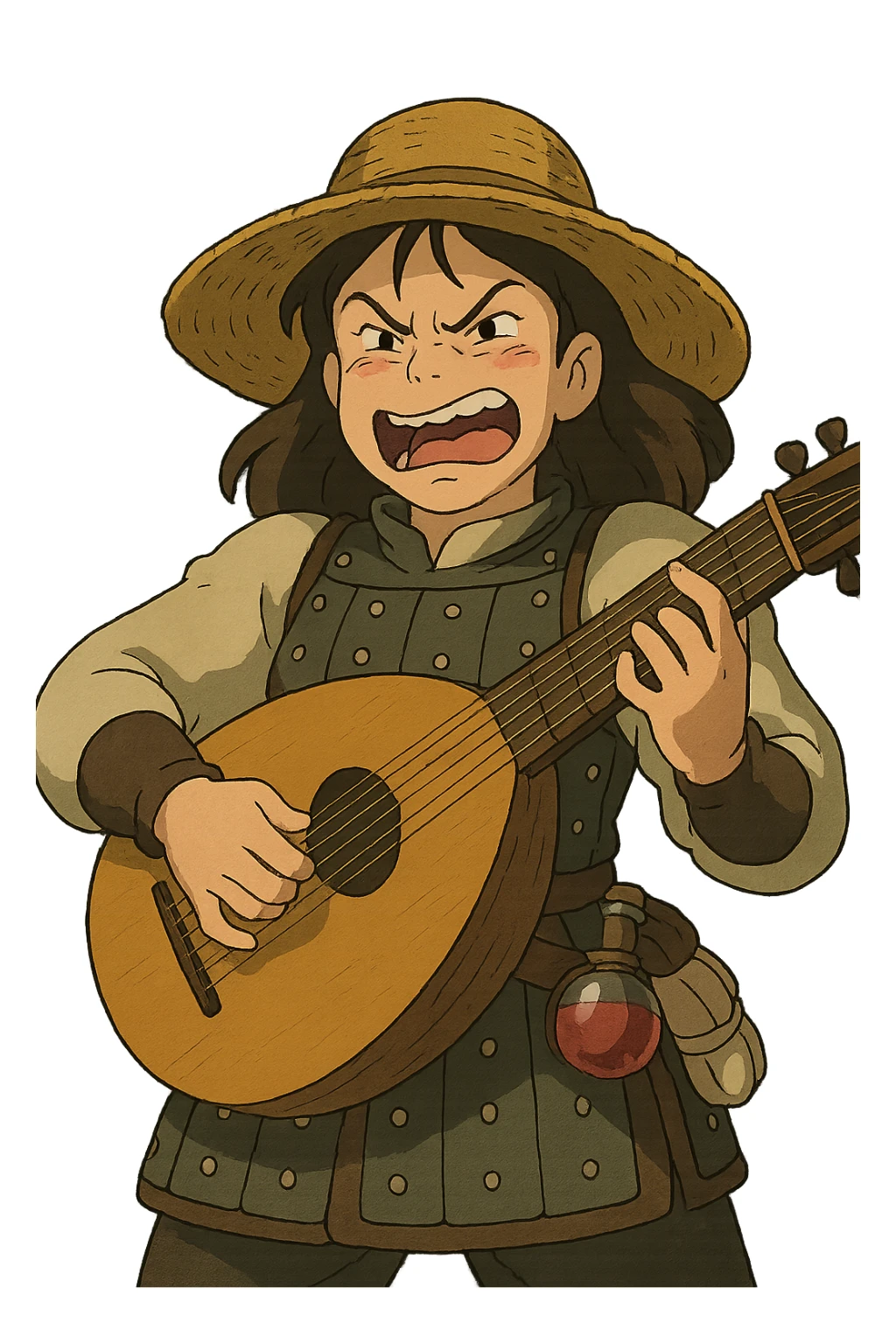 A female bard wearing brigandine armor with a sturdy straw hat, playing a fat medieval lute and singing, night time shadows, tool belt with red potion and bandages, portrait , mischievous grin, anger sticker