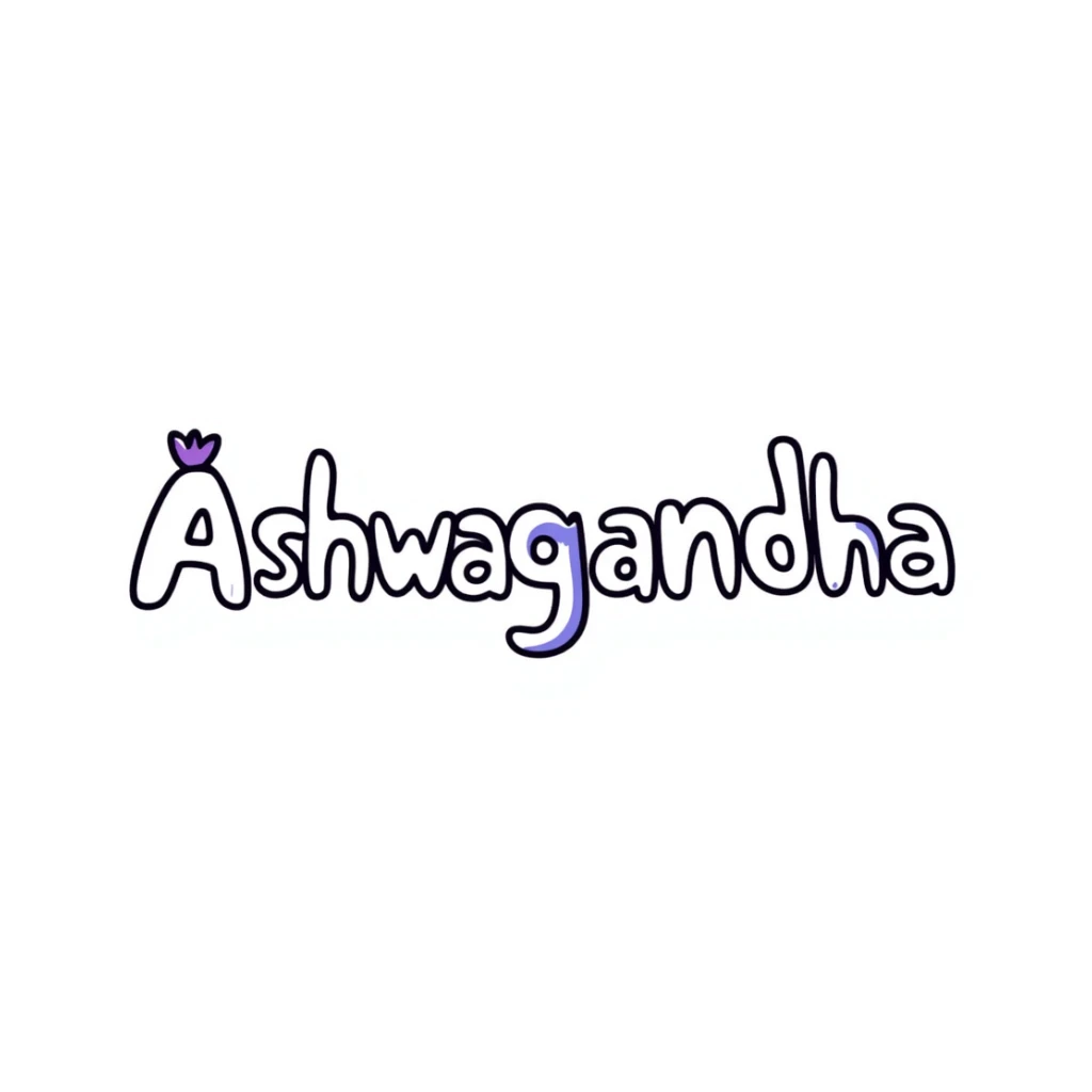 The word "Ashwagandha" hand-drawn in white text with a few purple and blue color accents. Simple doodle style with clean design. sticker