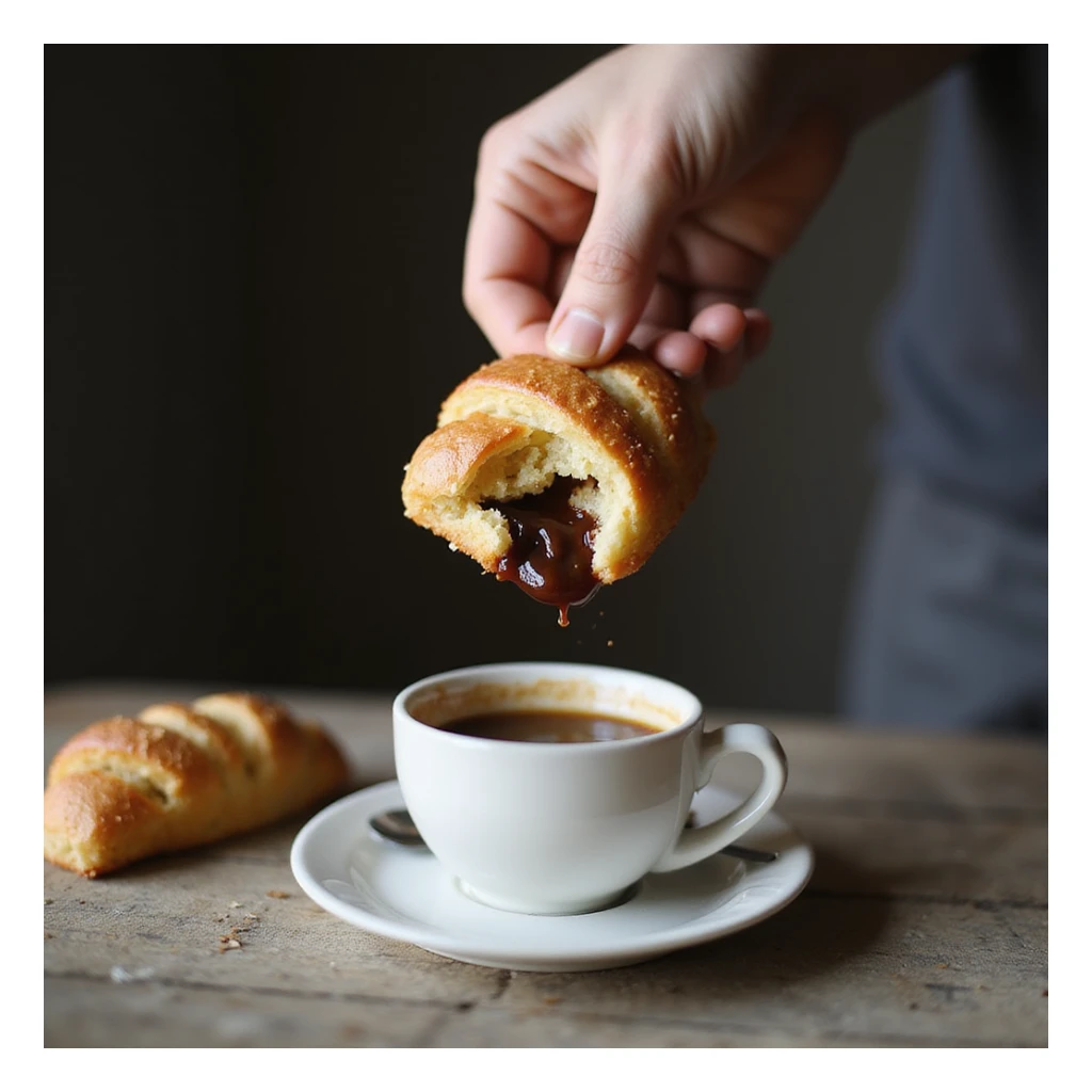 Primo piano di una mano maschile che afferra un cornetto confezionato e un caffè zuccherato per colazione, sfondo cucina, testo in italiano: 'Colazione veloce, sempre la stessa'. sticker