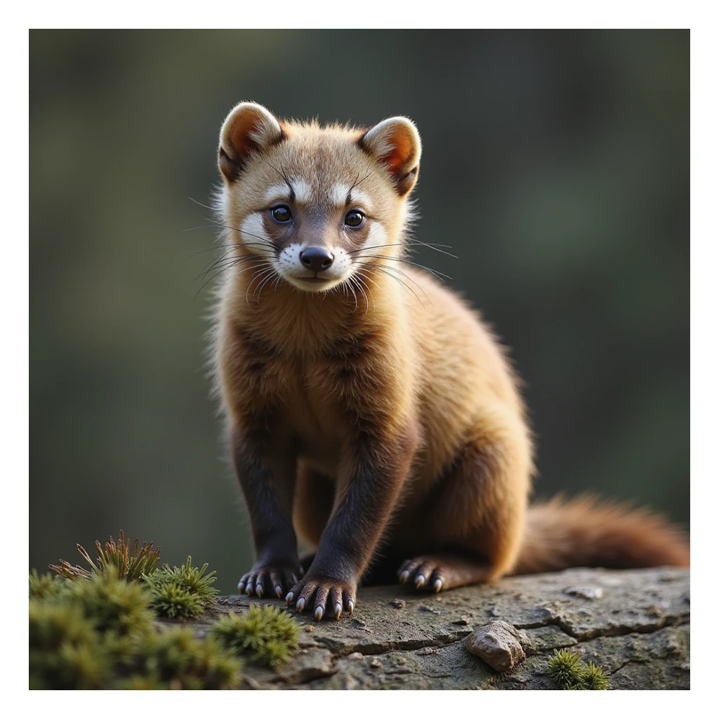 A pine marten, natural colors, soft lighting, sitting on a mossy log, photorealistic style sticker