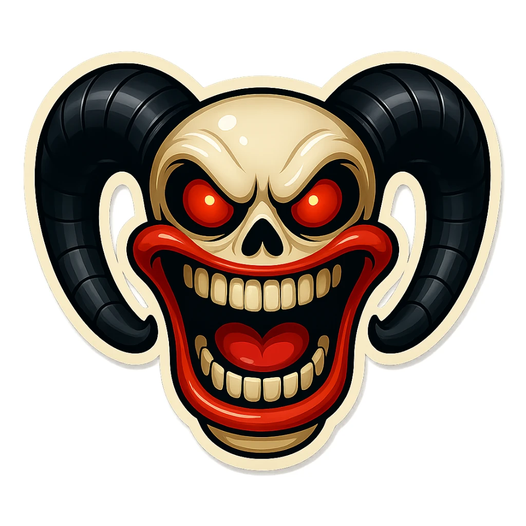 Recreate the image to be as close as possible to the reference in every detail: match the skull shape, horn size and curve, eye color and shape, mouth expression, teeth, and all sticker outlines and highlights. Ensure the subject is fully inside the image borders. High quality, retro sticker style. No changes except to maximize similarity to the reference image. sticker