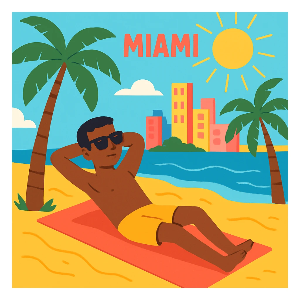 flat toon style of a person relaxing under the sun on Miami sand with bright colors and palm trees sticker