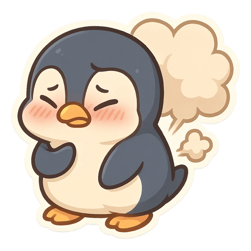cute penguin with big fart cloud behind it looking embarrassed sticker