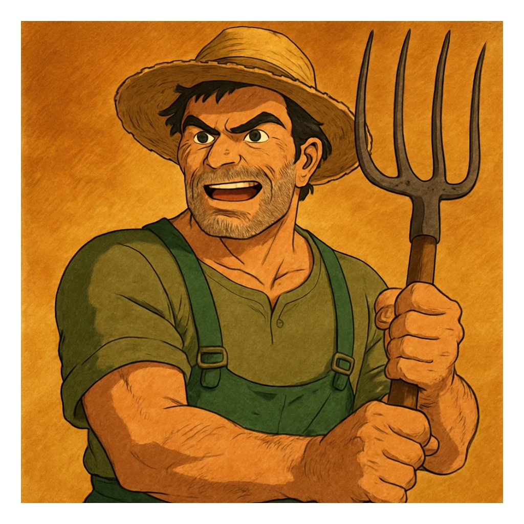 highly detailed illustration of a robust middle-aged farmer with sun-bleached face, black hair, strong jaw, furrowed brow, three-day beard, green trousers with suspenders, green T-shirt, straw hat, clutching rustic pitchfork, determined and excited, warm golden-brown textured background, bold lines, vibrant earth tones, dramatic lighting, rural America sticker