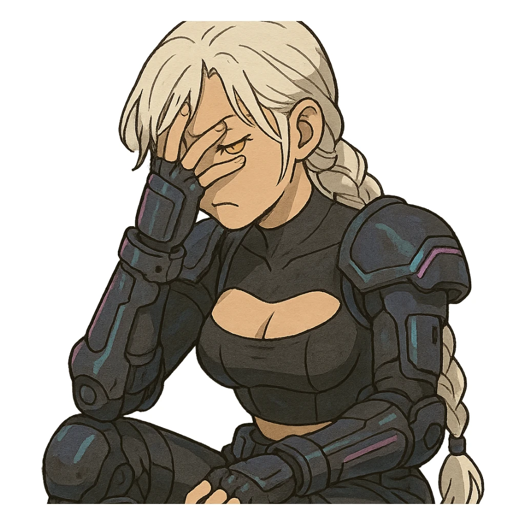 she is wearing armor, maximum power , facepalm smh, a closeup portrait of young woman with gold yellow eyes, white hair, long braid, black off-shoulder top d-cup, punk gothic style, futuristic cyberwave cyberpunk, sitting position sticker