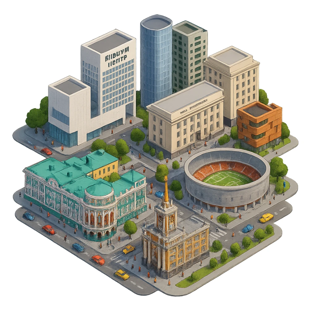 Изометричная миниатюрная фотореалистичная 3D модель Екатеринбурга - Дом Севастьянова, Ельцин-центр, Уральский федеральный университет, дома, Екатеринбург Арена, Медный дом, Здание Свердловского городского совета народных депутатов четкая детализация, яркие цвета, мультяшный реализм, люди, автотранспорт, компактная композиция, вид сверху в изометрии, прозрачный фон sticker
