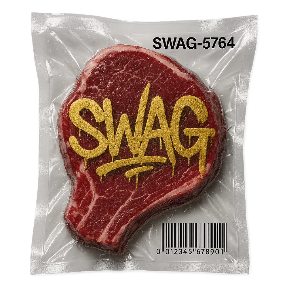 steak with gold graffiti-style 'SWAG' text, glossy, vacuum-sealed style sticker