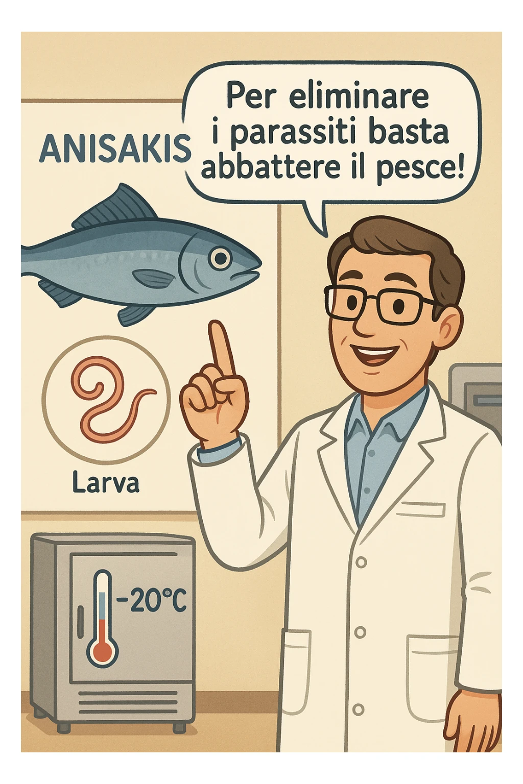  a scientist in a white lab coat stands beside a large poster showing a fish and a diagram of the Anisakis parasite. The scientist points to a speech bubble that says, “Per eliminare i parassiti basta abbattere il pesce!” In the background, a blast freezer is visible, with a temperature gauge set to -20°C. The mood is informative and reassuring. In italiano sticker