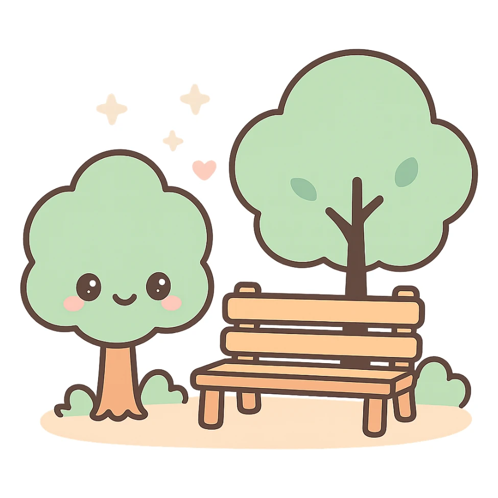 park with trees and a bench, kawaii chibi anime style, flat pastel colors, thick outlines, simple cute features sticker