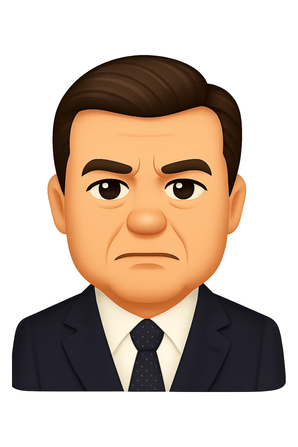 Create an iPhone emoji style portrait of a person closely resembling the face in the reference photo. The person is wearing a formal suit and has a serious expression. The background should be removed (no background). sticker