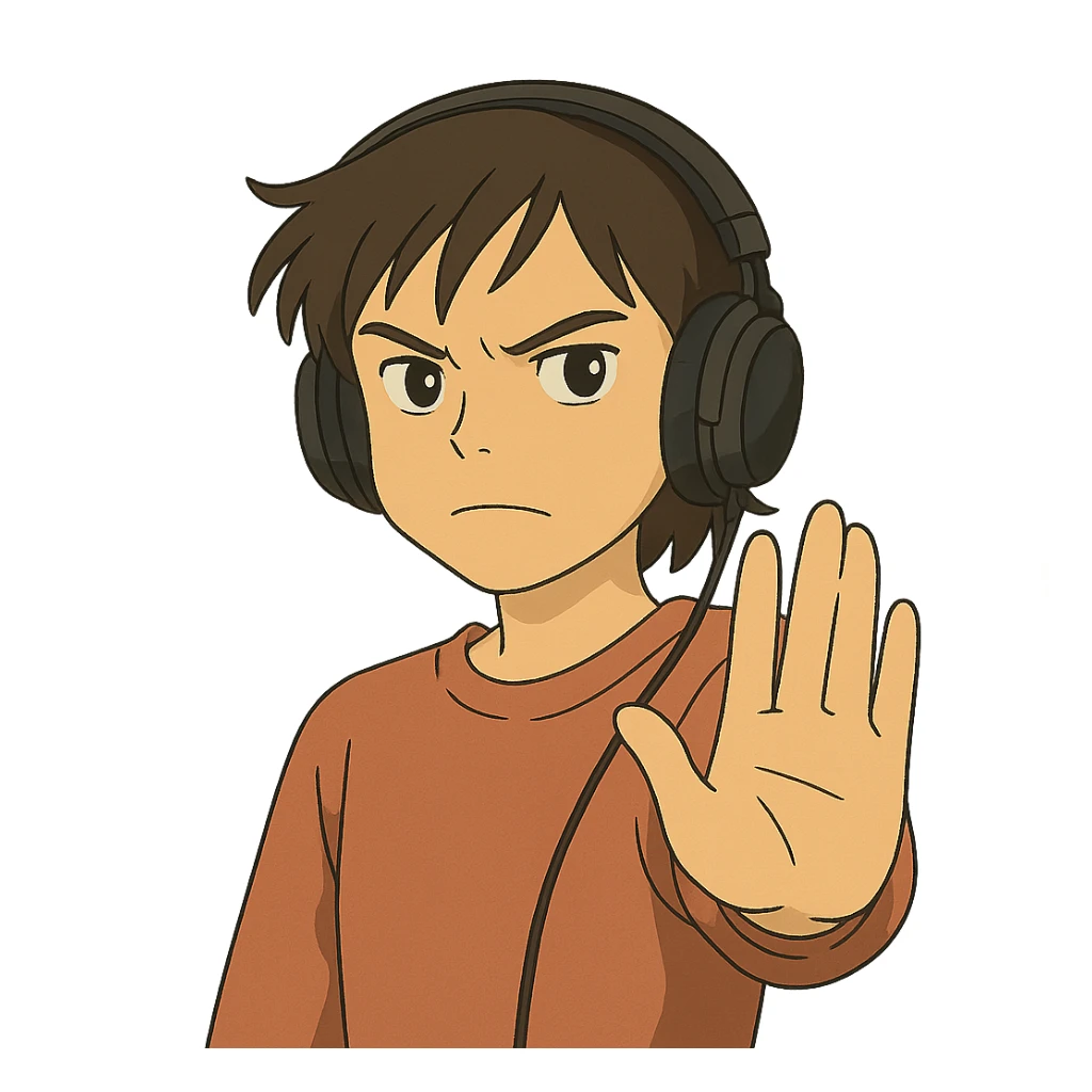 ghibli style person in headphones showing a refusal sign sticker