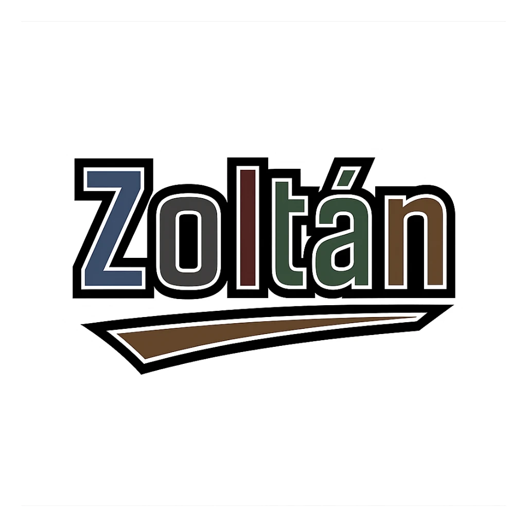 Zoltán name in masculine, modern, gradient font with precise Hungarian characters, dark outline, extra thick, prominent white border as in reference images, dynamic slanted underline, masculine color shades (blue, gray, burgundy, green, brown), 1000x1000 px, PNG, transparent background sticker