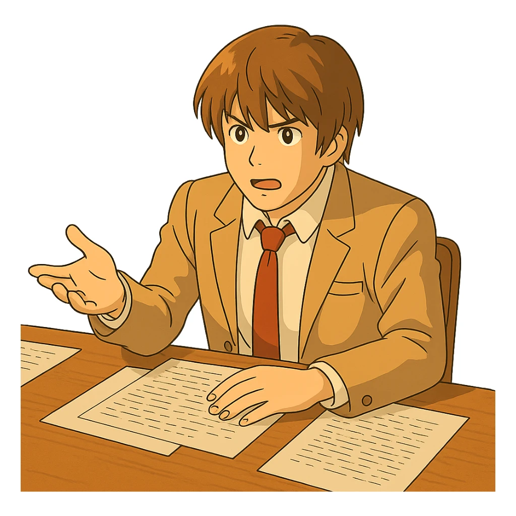 Keep Light Yagami in Ghibli style explaining something, sitting at a desk with papers, with transparent background. sticker