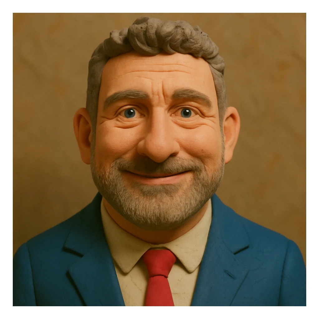 Create a claymation portrait that blends the facial features and expression of the person in the photo with the style and facial proportions of the Gerard Butler-inspired claymation art, featuring a narrower face and slightly larger forehead, using a slightly different expression. sticker