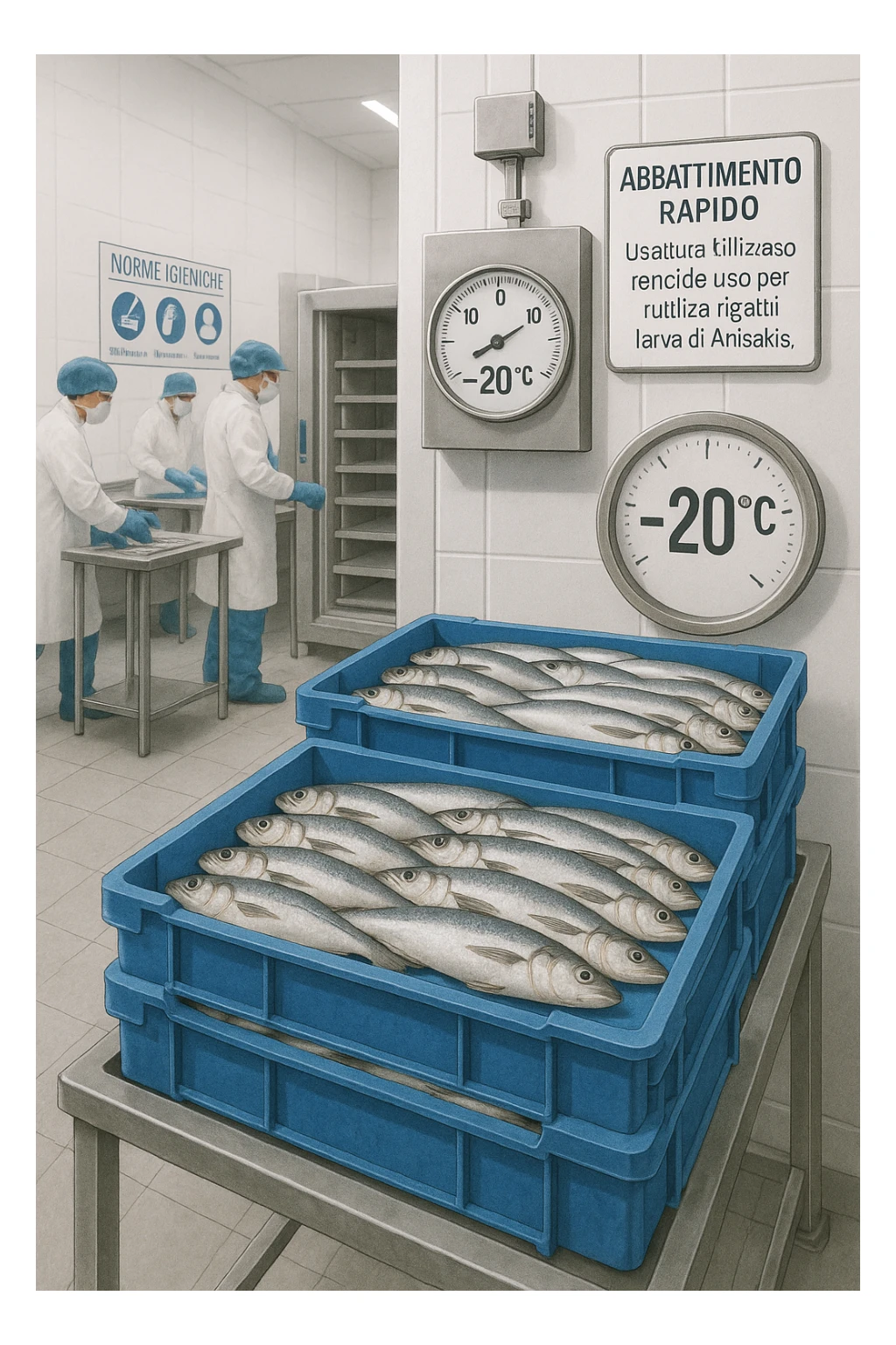 a fish processing facility where freshly caught fish are placed on trays and moved into a large industrial freezer. A temperature gauge shows -20°C, and an educational label explains that rapid freezing (abbattimento) is used to kill Anisakis larvae. The background includes workers in protective clothing and clear signage about food safety. in italiano sticker