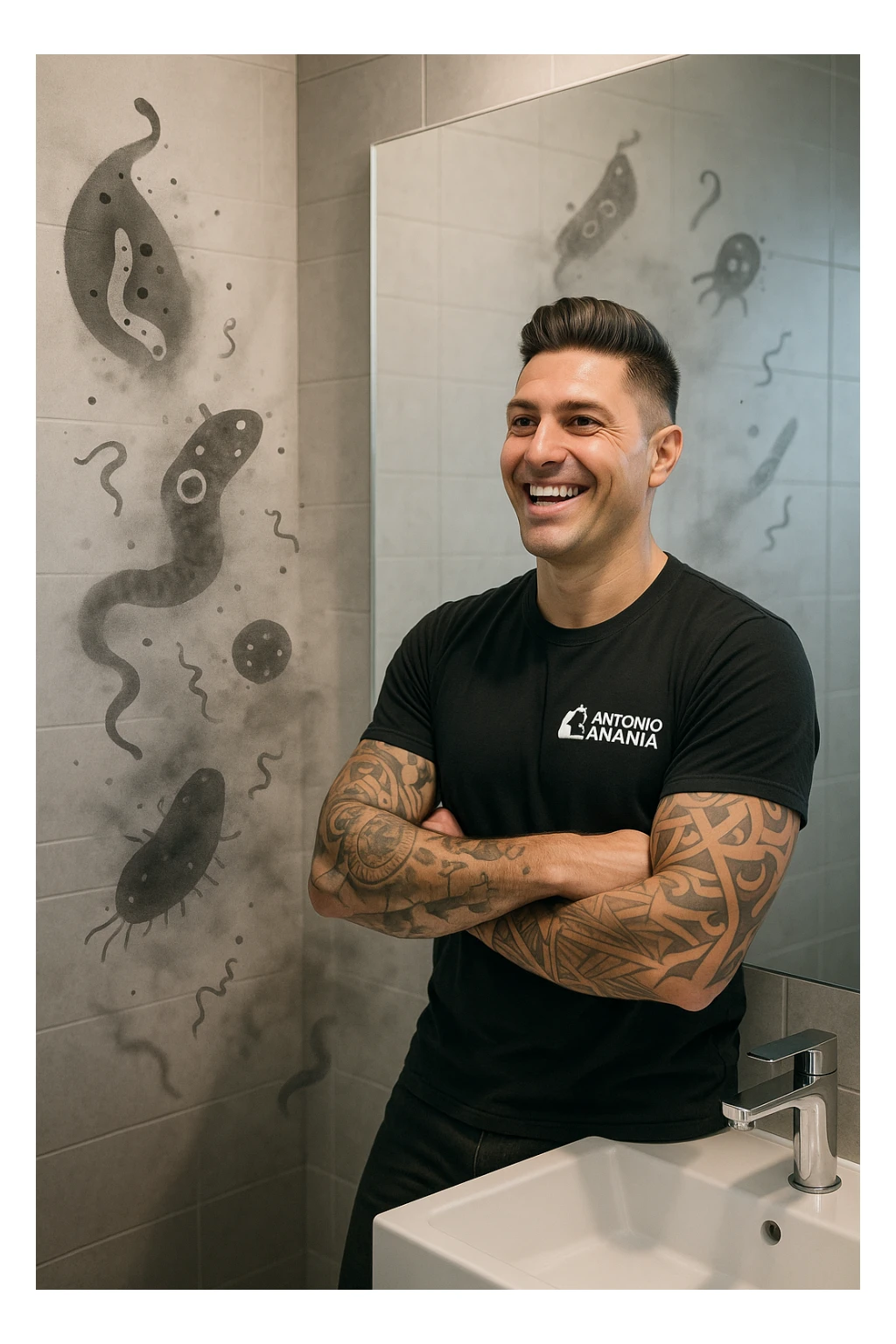 a man stands in a brightly lit bathroom, looking relieved and revitalized as he examines his reflection in the mirror. In the foreground, stylized, shadowy images of parasites (such as worms or protozoa) are shown leaving his body, dissolving into mist or fading away. His posture is upright and his expression is one of newfound energy and health. sticker